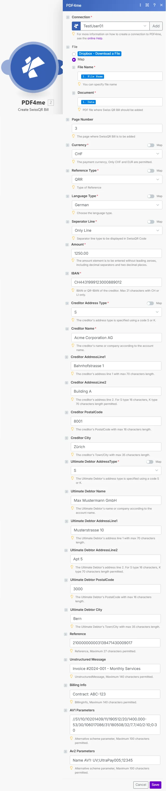 Make PDF4me Create SwissQR Bill module showing Connection set to TestUser01, File set to Map with File Name and Document fields, Page Number set to 3, Currency set to CHF, Reference Type set to QRR, Language Type set to German, Seperator Line set to Only Line, Amount 1250.00, IBAN CH4431999123000889012, Creditor Address Type S, Creditor Name Acme Corporation AG, Creditor AddressLine1 Bahnhofstrasse 1, Creditor PostalCode 8001, Creditor City Zürich, Ultimate Debtor AddressType S, Ultimate Debtor Name Max Mustermann GmbH, Reference 210000000003139471430009017, Unstructured Message Invoice 2024-001 Monthly Services, Billing Info Contract ABC-123, AV1 and AV2 Parameters fields